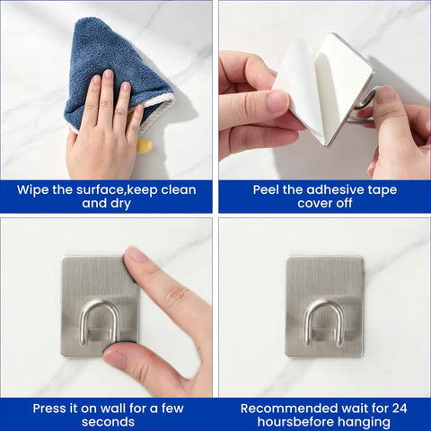 Instructions for Super Strong Adhesive Hooks With Extended Stainless Steel Bar For Heavy Duty Wall Mount installation steps.