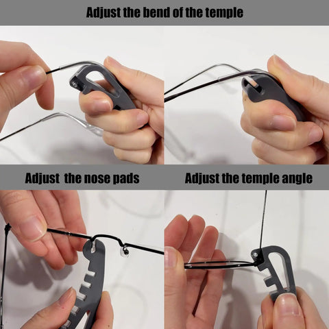 All In One Eyeglasses Repair Kit For Quick Adjustments And Tightening Frames With A Handy Screwdriver Includes Temple Bending Nose Pad Contouring And Replaces Multiple Tools At Home in use for adjusting eyeglass frames.