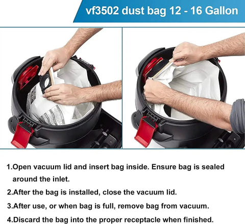 VF3502 Shop Vac Bags For Ridgid 12 To 16 Gallon Wet Dry Vacuums showing installation process inside vacuum canister.