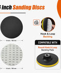Premium 6 Inch Wet Dry Hook And Loop Sanding Discs With 65 Pieces displaying 6 Inch size, hook and loop backing compatibility.