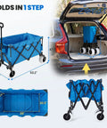All Terrain Beach Wagon With Big 9 Inch Solid PU Wheels For Sand And Grass, Heavy Duty Foldable Cart With 300L Capacity And 330 Lb Load shown in folded and open views, demonstrating easy fit in car trunk.