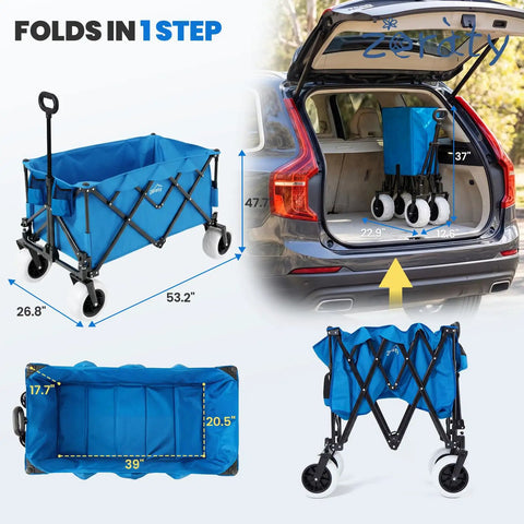 All Terrain Beach Wagon With Big 9 Inch Solid PU Wheels For Sand And Grass, Heavy Duty Foldable Cart With 300L Capacity And 330 Lb Load shown in folded and open views, demonstrating easy fit in car trunk.