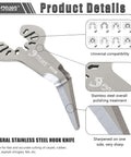 Integral stainless steel hook knife with polished finish and sharp edge for cutting carpet and sealant, displaying universal blade compatibility.