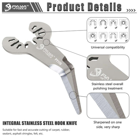 Integral stainless steel hook knife with polished finish and sharp edge for cutting carpet and sealant, displaying universal blade compatibility.