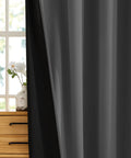 100 Percent Blackout Door Curtain For Doorways And Open Closets, Privacy Temporary Door, Thermal Insulated Drapes In Grey, 34 W X 80 L Inches, 1 Panel, Ideal For Bedroom Kitchen Laundry Or Patio hanging by a window with a wooden cabinet visible.