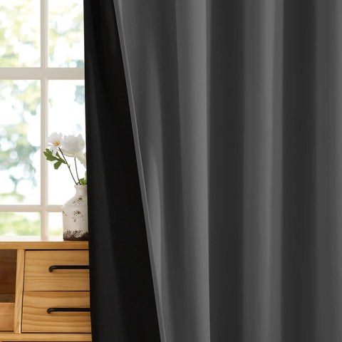100 Percent Blackout Door Curtain For Doorways And Open Closets, Privacy Temporary Door, Thermal Insulated Drapes In Grey, 34 W X 80 L Inches, 1 Panel, Ideal For Bedroom Kitchen Laundry Or Patio hanging by a window with a wooden cabinet visible.