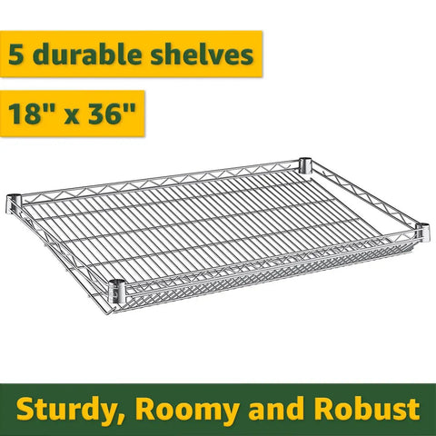 Top Tier Heavy Duty Garage Shelving Unit 18 By 36 By 74 Inches With 25 Sturdy Storage Bins Commercial Grade Wire Rack showing five sturdy shelves.