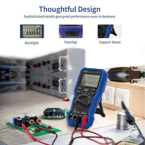 Bluetooth Digital Multimeter 20000 Counts True RMS Auto Range With Data Logger on workbench with backlight and stand
