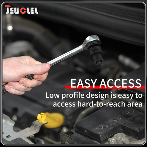 11 Piece Three Eighths Inch Drive Impact Socket Set with SAE Pipe Plug Sockets used under car hood for easy access