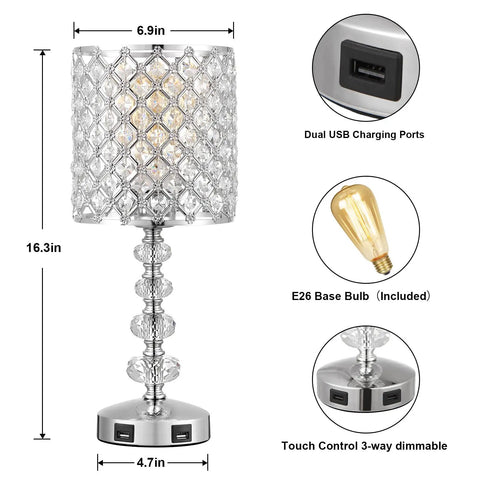 Crystal Bedside Lamp With Touch Control In Silver, 3-Way Dimmable Glam Table Light for Nightstand; USB ports; dimensions shown