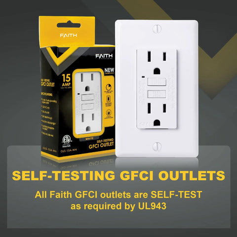 Slim 15A GFCI Outlet With LED Indicator And Self Test Ground Fault Circuit Interrupter packaged and installed view