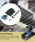 10 Pack Solar Panel Mid Clamps For Unistrut Aluminum Mounting Brackets 30mm And 35mm Fits Metal Tin Flat Sheet Roofs Black Easy Install DIY Friendly For Quick Solar Array Setup; close-up of T-shaped clamp design with hardware on solar panel.