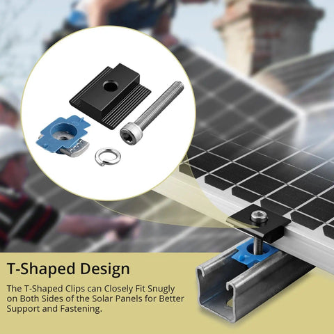 10 Pack Solar Panel Mid Clamps For Unistrut Aluminum Mounting Brackets 30mm And 35mm Fits Metal Tin Flat Sheet Roofs Black Easy Install DIY Friendly For Quick Solar Array Setup; close-up of T-shaped clamp design with hardware on solar panel.