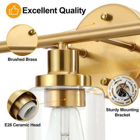 Detail of Brushed Brass 3 Light Vanity Fixture With Clear Glass Shades Wall Sconce Vibe showing ceramic head and mounting bracket