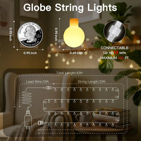 Warm White 33Ft 100 LED Connectable Globe String Lights With Remote diagram showing measurements, 43ft total length, connectable features.