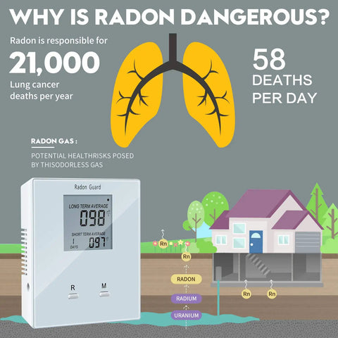 Infographic displaying Portable Home Radon Detector With Long And Short Term Monitoring, lung health impact, and radon sources.