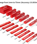 15 red Metric Setup Blocks Height Gauge Set with laser engraved size markings, stackable aluminum for woodworking precision