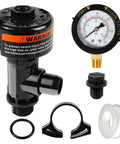 Front view of a black plastic manual air relief valve assembly with pool filter pressure gauge and fittings.