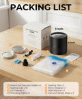 Cordless Mason Jar Vacuum Sealer Kit With Auto Stop displayed with accessories including lids, vacuum bags, and user manual.