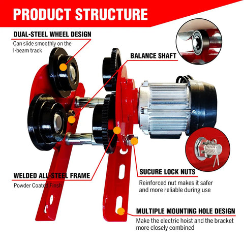 Heavy Duty Electric Trolley For Power Hoist 2200LBS Capacity Fits Two Point Six Eight Inch I Beam Push Geared Overhead Crane Wheel System For PA200 To PA1000 Hoists Great For Gantry Cranes And Warehouses showing product structure with dual-steel wheel design and welded all-steel frame