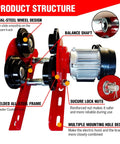 Power Hoist Trolley With Push Geared System For 2200Lbs Capacity On 2.68-4.33 In I Beam, side view showing red frame with wheels