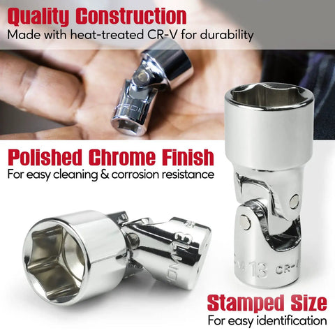1/4 Inch Drive 12-Piece Swivel Socket Set, 6-Point Metric 5mm To 15mm, Flexible Joint For Tight Spaces, Aluminum Storage Rail Included, Easy Access To Hard-To-Reach Fasteners chrome swivel sockets