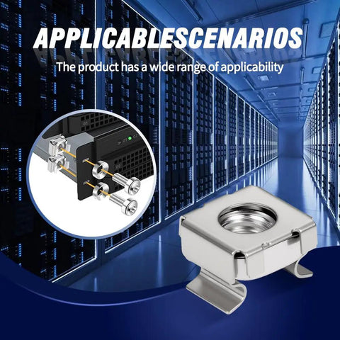 M6 Rack Mount Cage Nut shown with server gear, 304 stainless steel, snap fit design for secure fitting in racks.