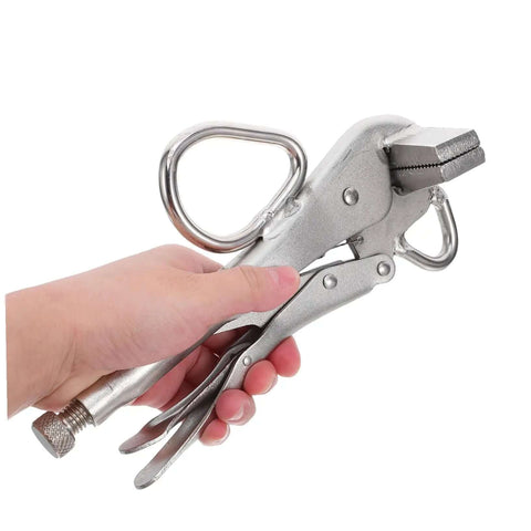 Hand holding Adjustable Auto Body Sheet Metal Clamp Tool For Welding And Repair Tough As Nails Locking Pliers With Wide Flat Duckbill Design