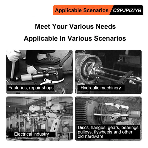 Image showing various applications for Heavy Duty Hydraulic Gear Puller And Bearing Extractor Tool in factories, hydraulic machinery, electrical industry, and hardware.