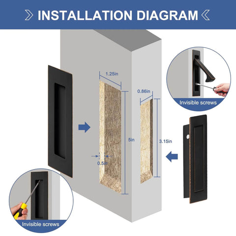 Installation diagram of Oil Rubbed Bronze 6 Inch Pocket Door Hardware Kit with Recessed Flush Pulls and Edge Pulls