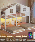 Triple Bunk Bed Space-Saving With House Shape For Kids, Twin Over Twin Over Twin, Metal Frame, LED Lights, White