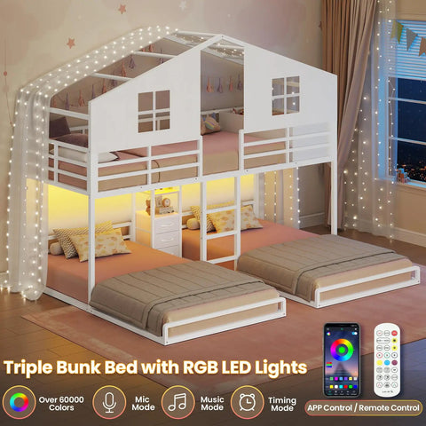 Triple Bunk Bed Space-Saving With House Shape For Kids, Twin Over Twin Over Twin, Metal Frame, LED Lights, White