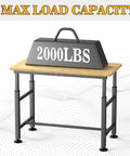 Heavy Duty Garage Workbench With Adjustable 47.5 Inch Height Built Tough Rubber Wood Work Table For Workshop Office Or Home 2000 Lbs Load Capacity Stable Wide Frame And Non Slip Feet shown with 2000lbs weight.