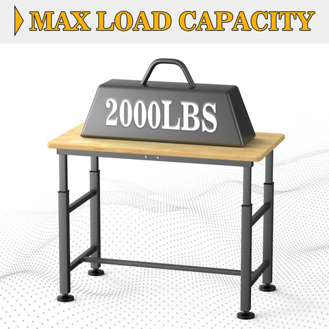 Heavy Duty Garage Workbench With Adjustable 47.5 Inch Height Built Tough Rubber Wood Work Table For Workshop Office Or Home 2000 Lbs Load Capacity Stable Wide Frame And Non Slip Feet shown with 2000lbs weight.
