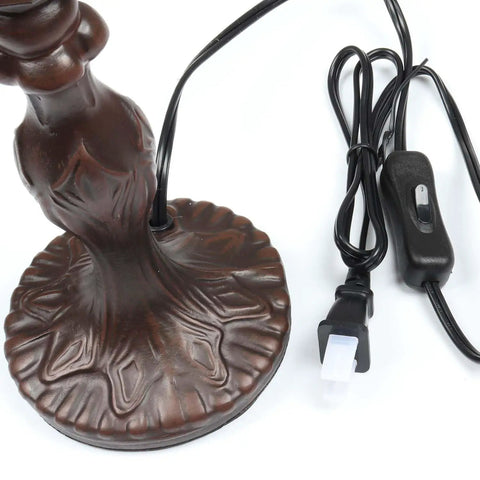 Close-up of metal base and cord of Hummingbird Tiffany Style Stained Glass Table Lamp Night Light With 8 Inch Shade And 15 Inch Tall Metal Base