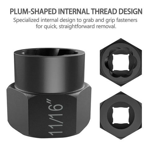 Close-up of Boss 13-Piece Bolt Extractor Set's 11/16 extractor with plum-shaped internal thread design for stripped nuts and bolts.