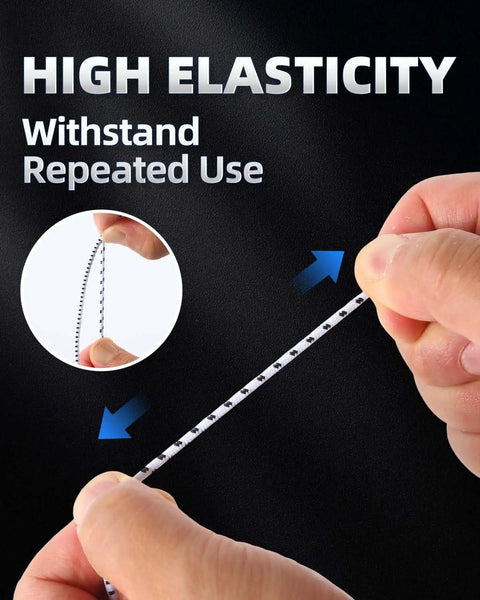 Hands stretching 1/8 Inch By 100 Feet Bungee Cord Elastic Shock Cord For Kayak, DIY Projects, Tie Downs, High Strength White With Black Trace