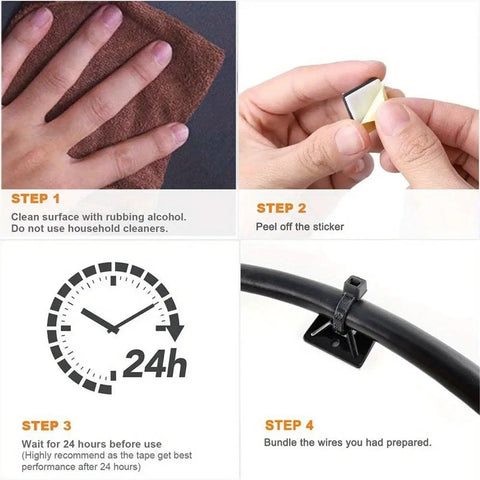 Step-by-step guide for using 200 Piece Self Adhesive Cable Ties With Rubber Base Nylon Wire Heavy Duty Cord Organizers.