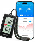 2-In-1 Indoor Outdoor Thermometer Hygrometer With IP65 Waterproof Rating, Digital Display, 197 Feet Bluetooth Range next to smartphone