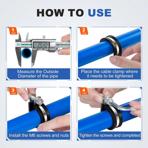 ELECFUN 1-1/4 in stainless steel cable clamps with rubber cushions; four-step installation guide on a blue pipe.