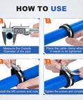 ELECFUN 20-pc 3/4 in stainless steel cable clamps with rubber coating, shown in a four-step installation guide on a blue pipe