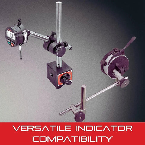 Magnetic indicator holder with gage rod for dial test indicators, precision one quarter inch diameter by six inch length.