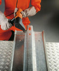 5.0 50H230V Nibbler For Sheet Metal Cutting And Shaping Heavy Duty Electric Tool used on metal sheet by worker in orange suit