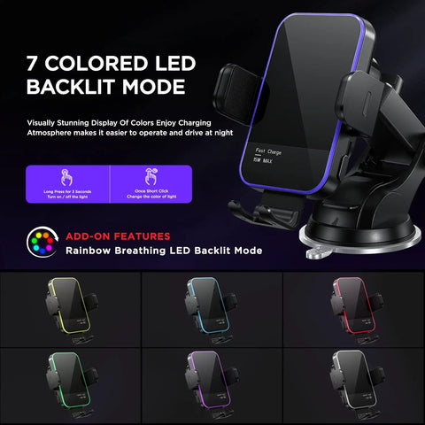 Wireless Car Charger Mount With Auto Clamping And 15W Fast Charge, showing 7 color RGB backlit modes, ideal for iPhones and Samsung.