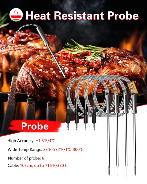 Heat resistant probes of Bluetooth Meat Thermometer With Six Probes For Grill Smoker Oven And BBQ Wireless Digital Thermometer with steak
