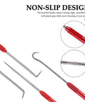 Carbon Steel Hook And Pick Set For Auto Repair, Double Ended Tool With Four Heads, Non-slip red handle design