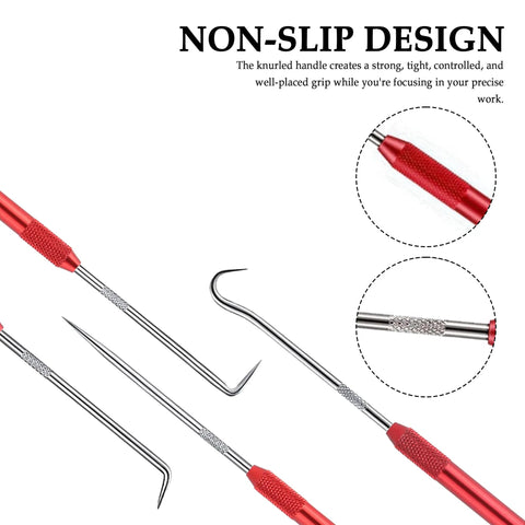 Carbon Steel Hook And Pick Set For Auto Repair, Double Ended Tool With Four Heads, Non-slip red handle design
