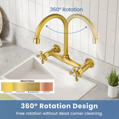 Antique Brass Wall Mount Kitchen Faucet With 8 Inch Center, 360 Degree Swivel Spout above a white sink