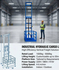 Heavy Duty Hydraulic Cargo Lift For Garage Or Warehouse With 2200 Lbs Load Capacity And Smooth Vertical Freight Elevator System, blue frame in warehouse setting.