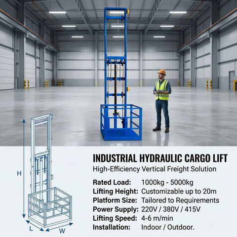 Heavy Duty Hydraulic Cargo Lift For Garage Or Warehouse With 2200 Lbs Load Capacity And Smooth Vertical Freight Elevator System, blue frame in warehouse setting.
